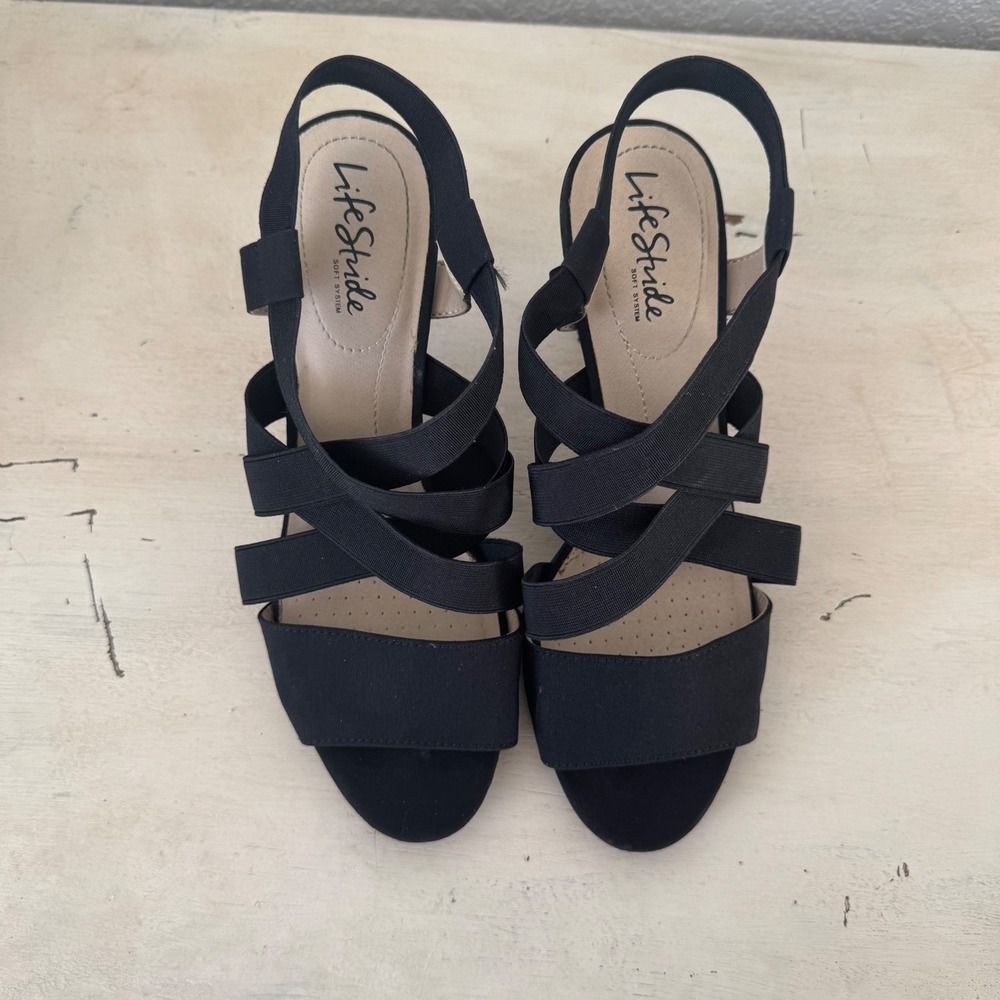 LifeStride Black Elastic Strap Block Heel Sandals Women's Size‎ 9 - Picture 2 of 5